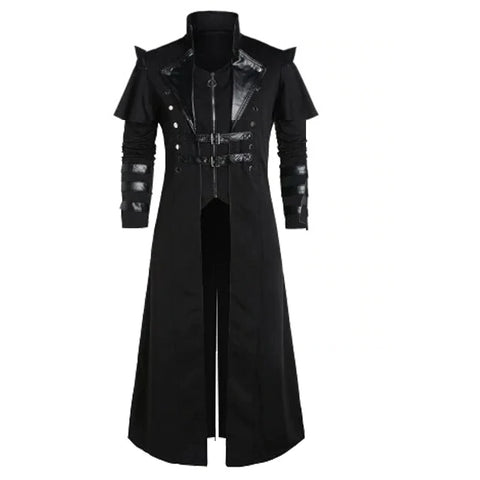 Vintage Steampunk Assassin Costume – Black Gothic Split Jacket with Medieval Pirate and Elven Style for Adult Men