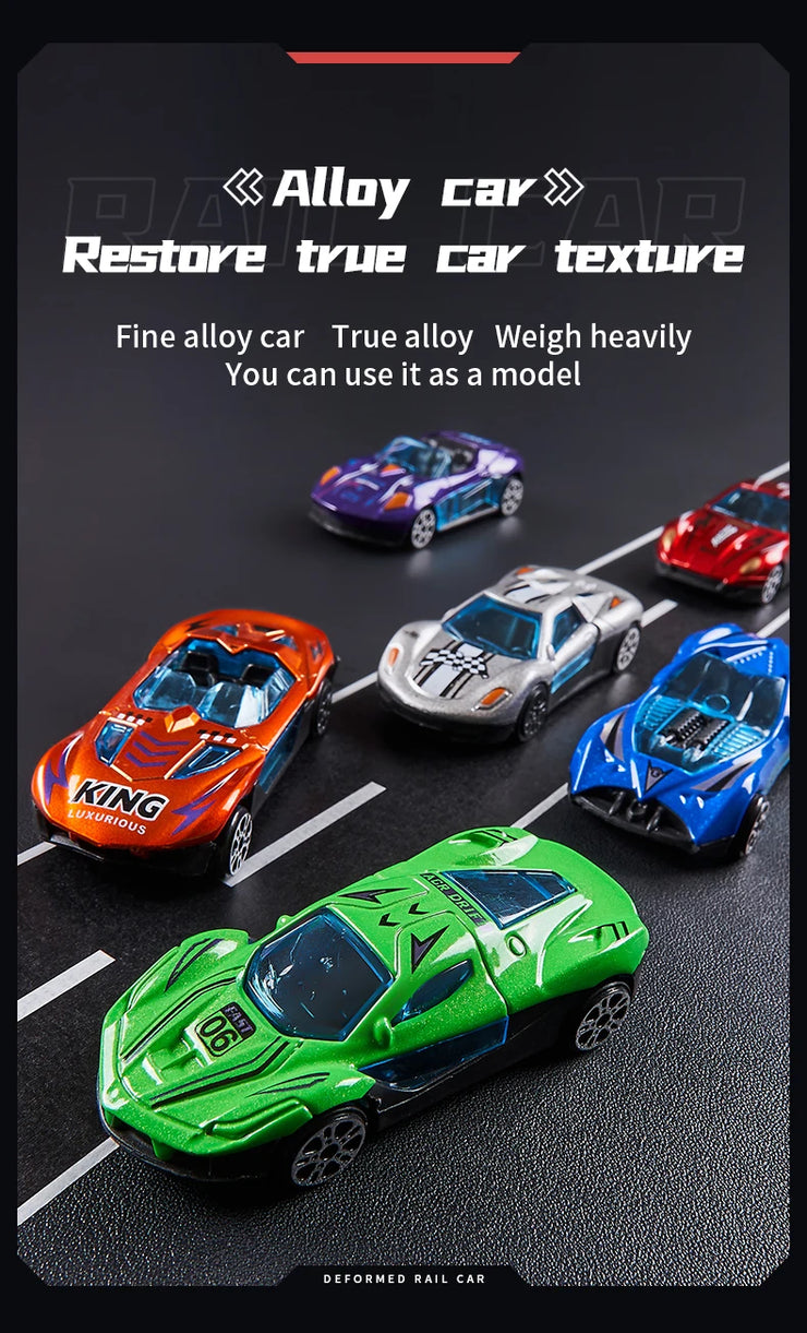 3D Rail Flying Car Set – Inertial Power Puzzle Track with Transforming Alloy Vehicles