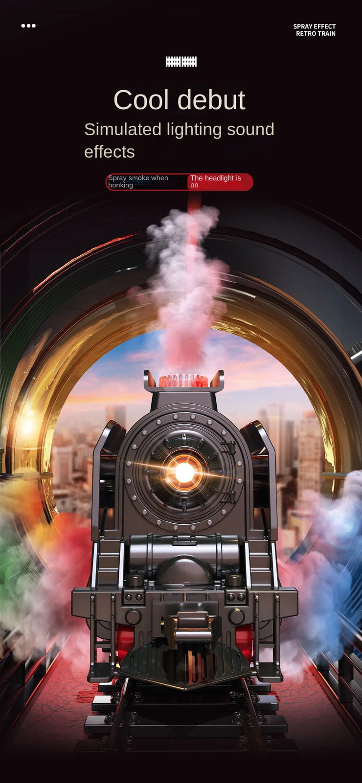 Retro Steam Train Track Set – Electric Locomotive with Smoke, Lights, Sound, Cargo Cars & Tracks for Kids