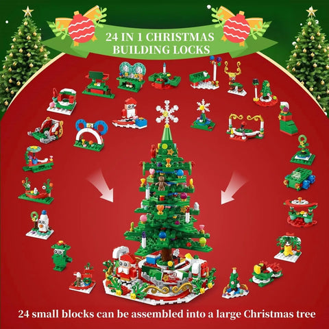 701pcs Christmas Tree Building Set with LED Light Toys Kids Adult 24in1 Christmas Countdown Calendar Building Blocks Gift