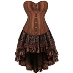 Brown Medieval Gothic Steampunk Faux Leather Overbust Corset with Skirt – Plus Size Pirate Costume Dress