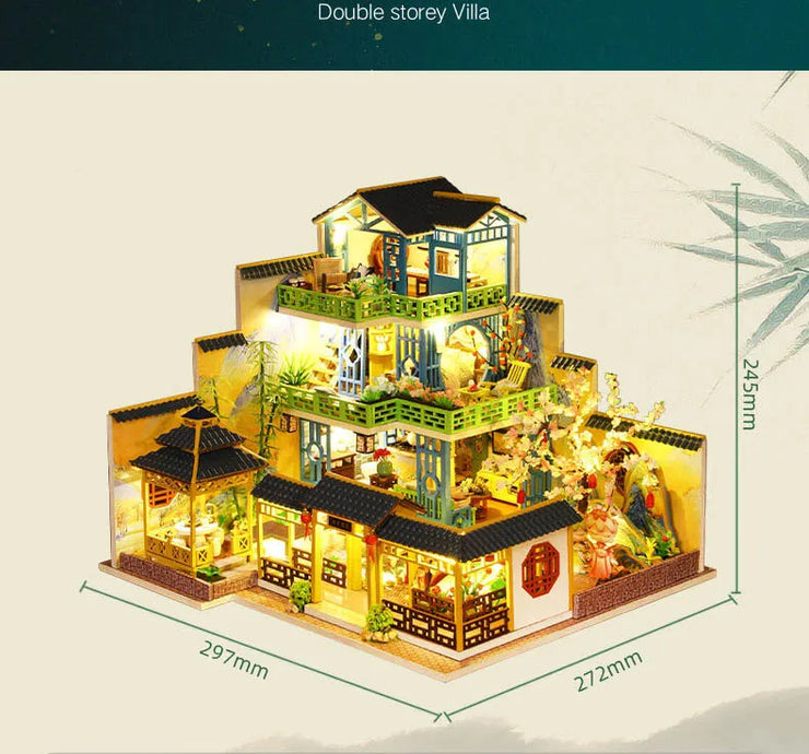 Big DIY Wooden Dollhouse with Furniture & Lights – Chinese Style Villa Miniature Kit