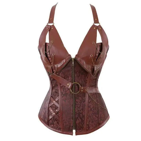 Steampunk Corsets for Women Gothic Corset Bustier Zipper Plus Size Vintage Faux Leather Corset Top Brown Plus Sizes