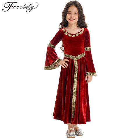 Girls Medieval Renaissance Velvet Dress Princess Queen Cosplay Costume Party Dress