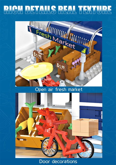 1456/1950/2225 pcs European Market Street Café Villa Store House MINI Bricks Building Blocks City Street View Scene Model