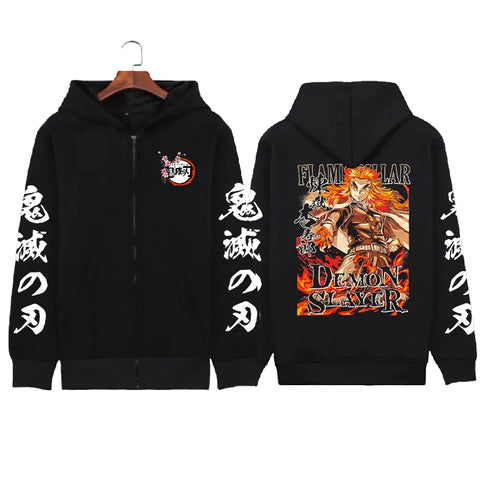 Demon Slayer Anime Zip Jacket Rengoku Kyoujurou Print Hooded Men Casual Zip Hoodies Plus Size Pullover Harajuku Male Sweatshirt