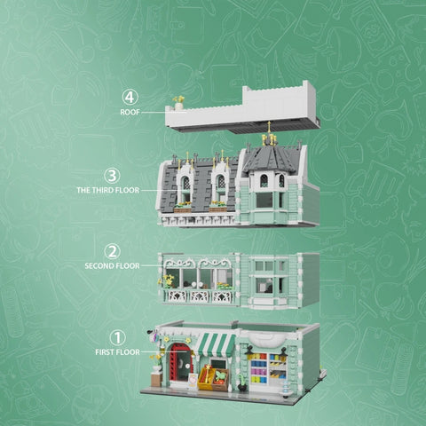 1456/1950/2225 pcs European Market Street Café Villa Store House MINI Bricks Building Blocks City Street View Scene Model