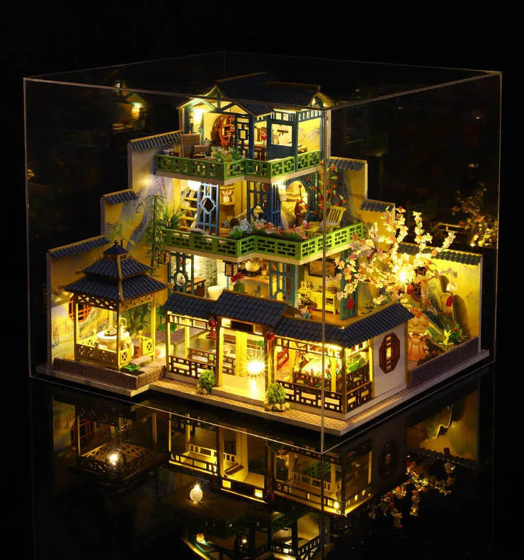 Big DIY Wooden Dollhouse with Furniture & Lights – Chinese Style Villa Miniature Kit