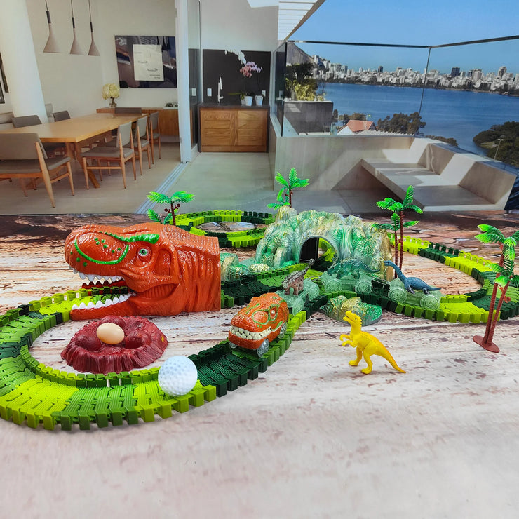 Dinosaur World Road Race Track Set – Flexible Track with Dinosaur Toys and Racing Car for Kids