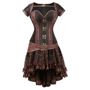 Brown Medieval Gothic Steampunk Faux Leather Overbust Corset with Skirt – Plus Size Pirate Costume Dress