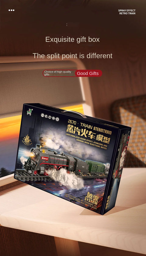 Retro Steam Train Track Set – Electric Locomotive with Smoke, Lights, Sound, Cargo Cars & Tracks for Kids