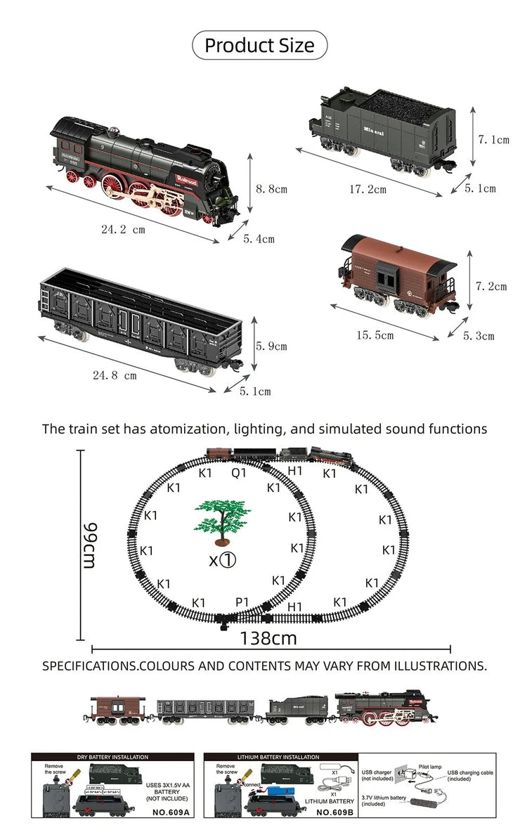 Retro Electric Steam Train Set – Classic Model with Tracks, Smoke, Sound & Light for Kids