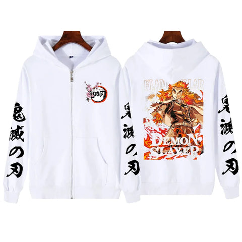 Demon Slayer Anime Zip Jacket Rengoku Kyoujurou Print Hooded Men Casual Zip Hoodies Plus Size Pullover Harajuku Male Sweatshirt