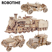 Robotime ROKR 3D Puzzle – Movable Steam Train, Car & Jeep Wooden Model Assembly Kit for Children and Adults
