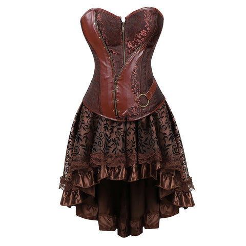 Brown Medieval Gothic Steampunk Faux Leather Overbust Corset with Skirt – Plus Size Pirate Costume Dress