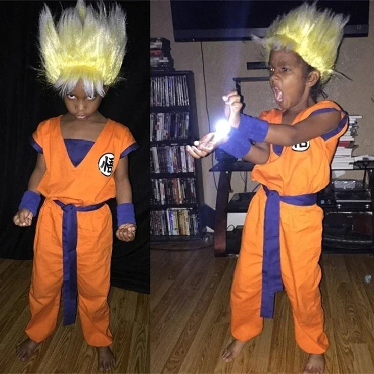 Son Goku and Krillin Cosplay Costumes – Halloween Suits with Tail, Wristband, and Super Saiyan Wig for Adults and Kids