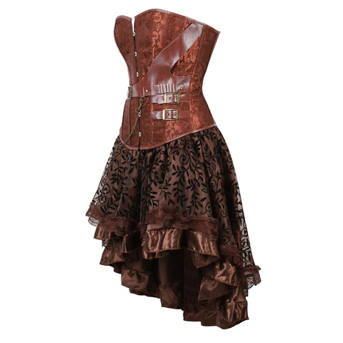Brown Medieval Gothic Steampunk Faux Leather Overbust Corset with Skirt – Plus Size Pirate Costume Dress