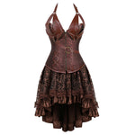 Brown Medieval Gothic Steampunk Faux Leather Overbust Corset with Skirt – Plus Size Pirate Costume Dress