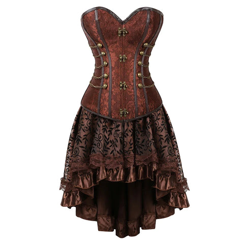 Brown Medieval Gothic Steampunk Faux Leather Overbust Corset with Skirt – Plus Size Pirate Costume Dress