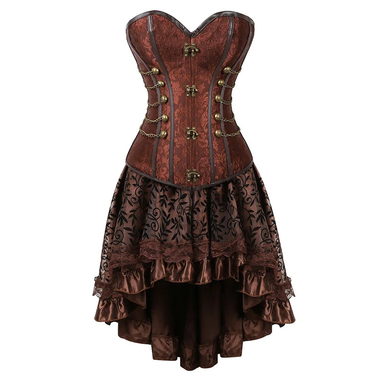 Brown Medieval Gothic Steampunk Faux Leather Overbust Corset with Skirt – Plus Size Pirate Costume Dress