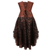 Brown Medieval Gothic Steampunk Faux Leather Overbust Corset with Skirt – Plus Size Pirate Costume Dress
