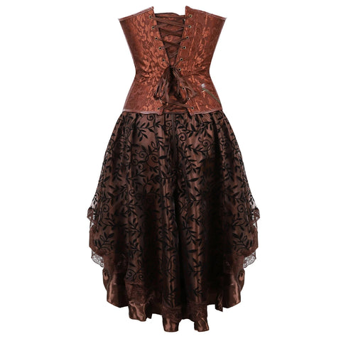 Brown Medieval Gothic Steampunk Faux Leather Overbust Corset with Skirt – Plus Size Pirate Costume Dress