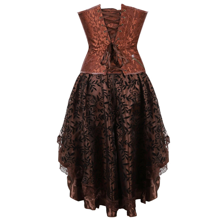 Brown Medieval Gothic Steampunk Faux Leather Overbust Corset with Skirt – Plus Size Pirate Costume Dress