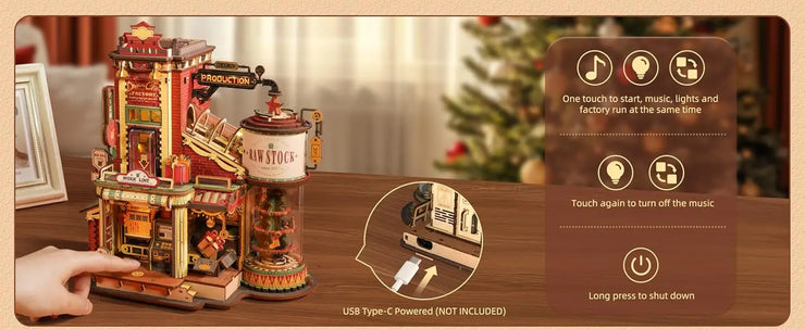 Robotime ROKR Christmas Dream Gift Factory Music Box – 3D Wooden Puzzle Model Kit