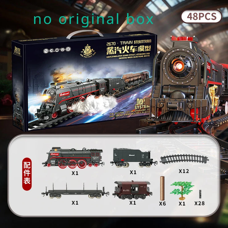 Retro Steam Train Track Set – Electric Locomotive with Smoke, Lights, Sound, Cargo Cars & Tracks for Kids
