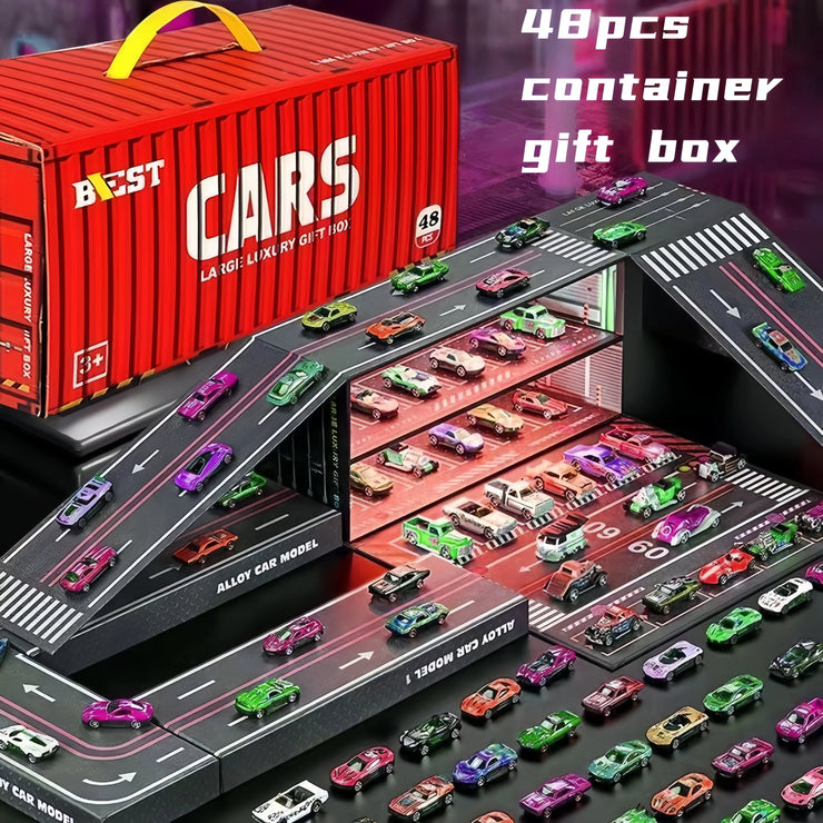 48-Piece Mini Racing Car Set with Play Map & 4-Level Garage – Gift Box Edition for Kids