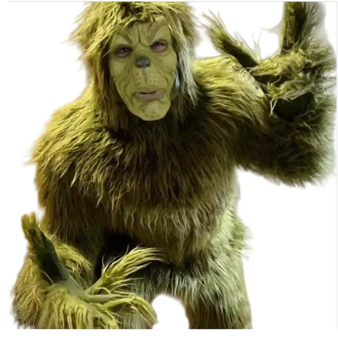 Green Furry Monster Costume – Christmas Cosplay Suit with Santa Styling for Stage, Halloween & Holiday Performances
