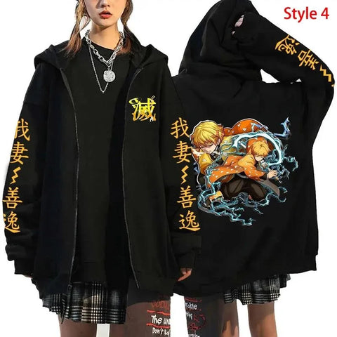 Demon Slayer Anime Zippper Jacket Agatsuma Zenitsu Print Hooded Men Women Manga Zip Hoodies Harajuku Male Oversized Sweatshirt