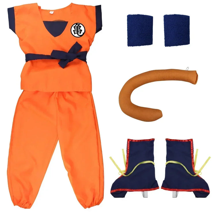 Son Goku and Krillin Cosplay Costumes – Halloween Suits with Tail, Wristband, and Super Saiyan Wig for Adults and Kids