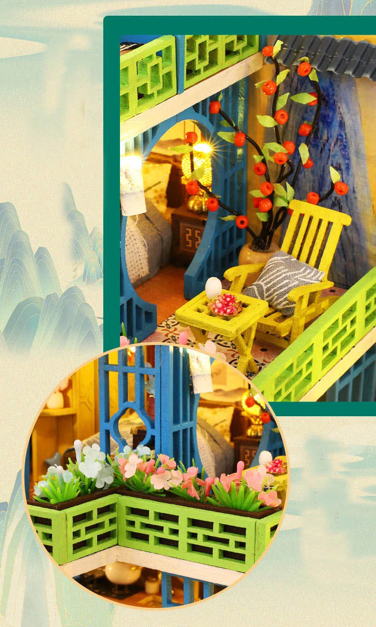 Big DIY Wooden Dollhouse with Furniture & Lights – Chinese Style Villa Miniature Kit