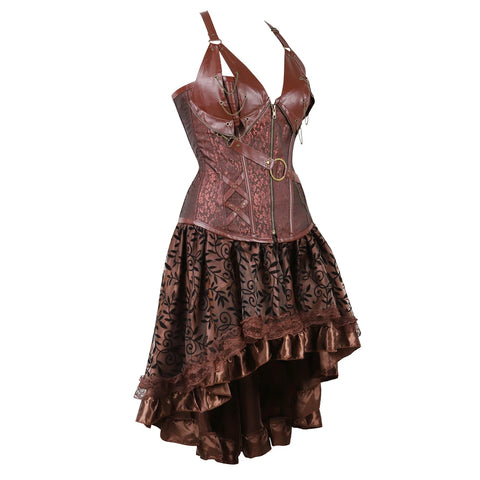 Brown Medieval Gothic Steampunk Faux Leather Overbust Corset with Skirt – Plus Size Pirate Costume Dress