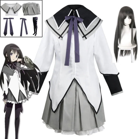 Akemi Homura Cosplay Costume – Puella Magi Madoka Magica Combat Dress with Bow, Wig, and Uniform for Halloween or Party Events