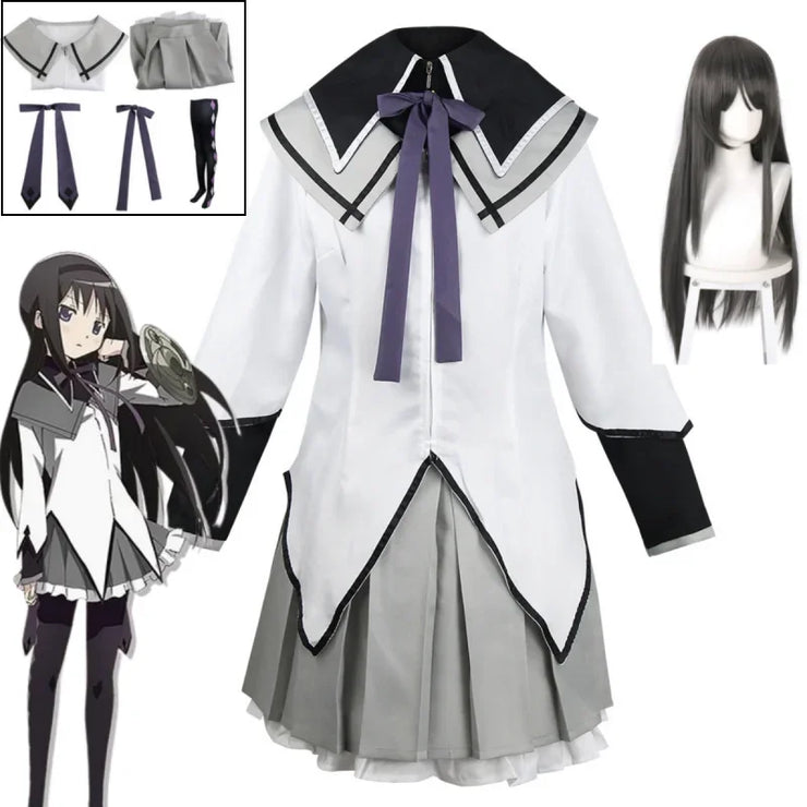 Akemi Homura Cosplay Costume – Puella Magi Madoka Magica Combat Dress with Bow, Wig, and Uniform for Halloween or Party Events