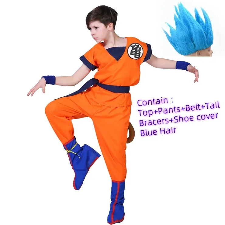 Son Goku and Krillin Cosplay Costumes – Halloween Suits with Tail, Wristband, and Super Saiyan Wig for Adults and Kids