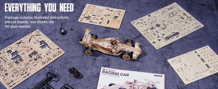Robotime ROKR 3D Wooden Racing Car Puzzle – DIY Mechanical Model Kit with Roaring Engine and 8-10m Forward Movement for Adults & Teens
