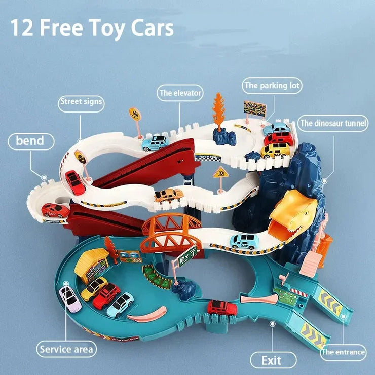 Dinosaur Adventure Electric Track Set – Interactive Racing Puzzle Toy with Mountain and Train for Kids