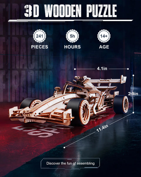 Robotime ROKR 3D Wooden Racing Car Puzzle – DIY Mechanical Model Kit with Roaring Engine and 8-10m Forward Movement for Adults & Teens