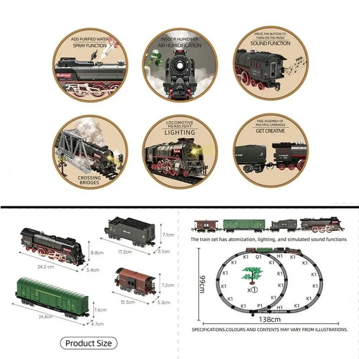 Retro Electric Steam Train Set – Classic Model with Tracks, Smoke, Sound & Light for Kids