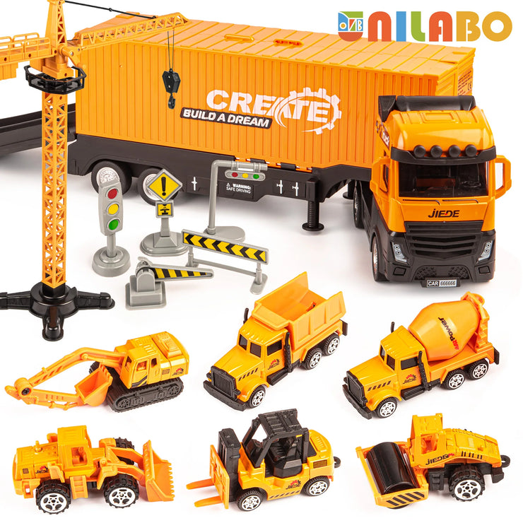 Alloy Construction Vehicle Set with Container Truck, Tower Crane & Excavator – STEM Toy for Ages 3–8
