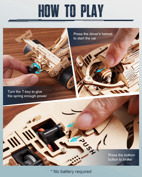 Robotime ROKR 3D Wooden Racing Car Puzzle – DIY Mechanical Model Kit with Roaring Engine and 8-10m Forward Movement for Adults & Teens