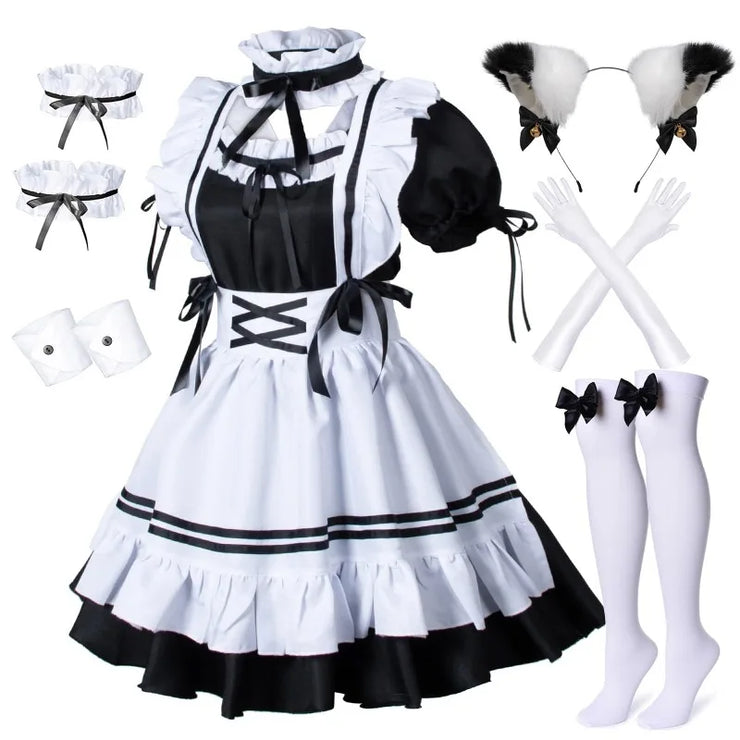Black and White Lolita Maid Costume – Cute French Apron Dress Uniform for Cafe, Parties, and Cosplay