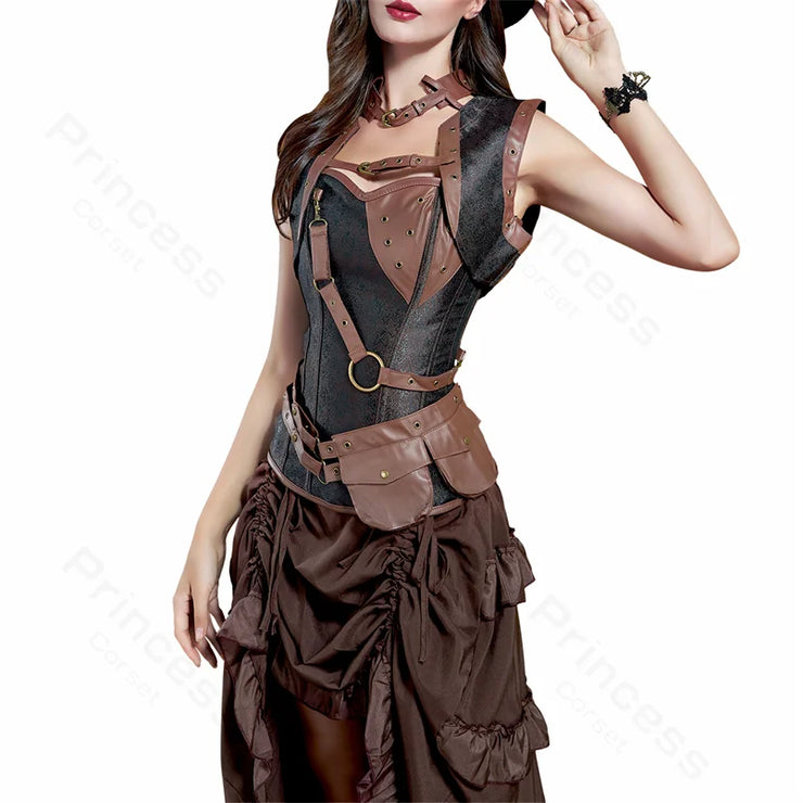 Steampunk Pirate Costume for Women – Cagalli Yulia cosplay Leather Corset Top with Drawstring Skirt Plus Size