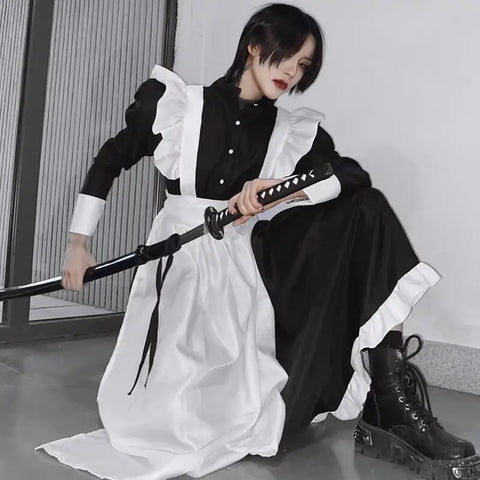 Unisex Maid Cosplay Costume – Long Lolita Apron Dress for Women and Men, Inspired by Anime and Jujutsu Kaisen Café Style