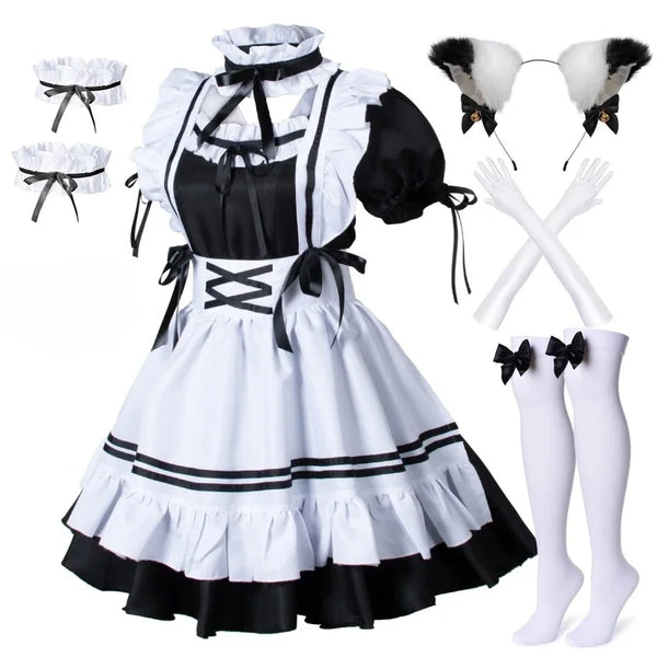 Black and White Lolita Maid Costume – Cute French Apron Dress Uniform for Cafe, Parties, and Cosplay