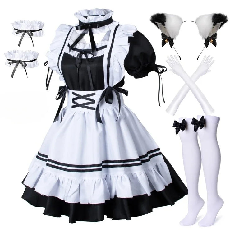 Black and White Lolita Maid Costume – Cute French Apron Dress Uniform for Cafe, Parties, and Cosplay