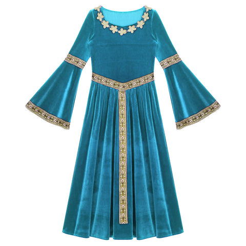 Girls Medieval Renaissance Velvet Dress Princess Queen Cosplay Costume Party Dress